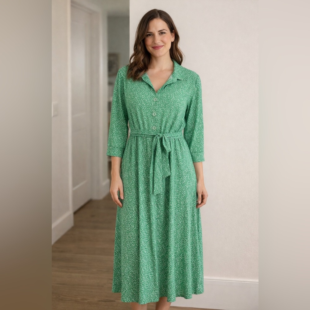 Kaileigh Green Polka Dot Midi Shirt Dress with Tie Waist